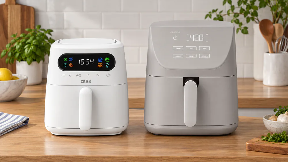 A 3-quart CRUX x Marshmello air fryer sitting beside a larger CruxGG 6QT air fryer on a kitchen counter to show the size difference