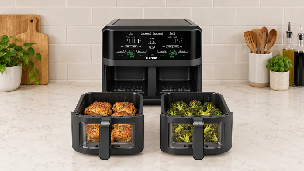 A Chefman 6QT dual basket air fryer with both baskets pulled out, one holding chicken thighs and the other roasted broccoli
