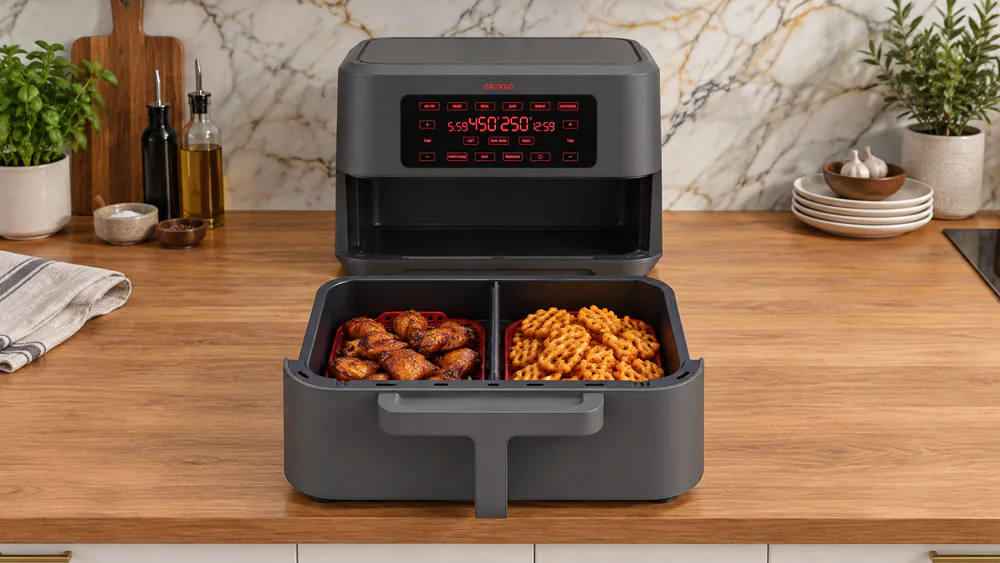A CruxGG 9qt TriZone drawer pulled open with chicken wings in one zone and waffle fries in the other, divider in place