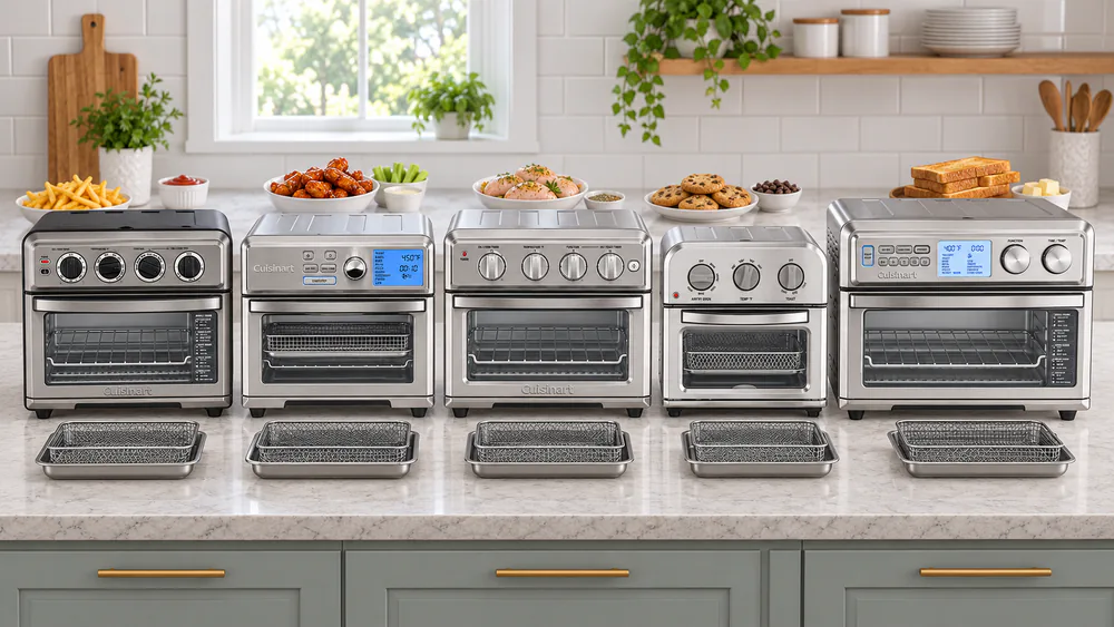 Five Cuisinart air fryer toaster ovens lined up on a kitchen counter for side-by-side testing, baskets and racks pulled out.