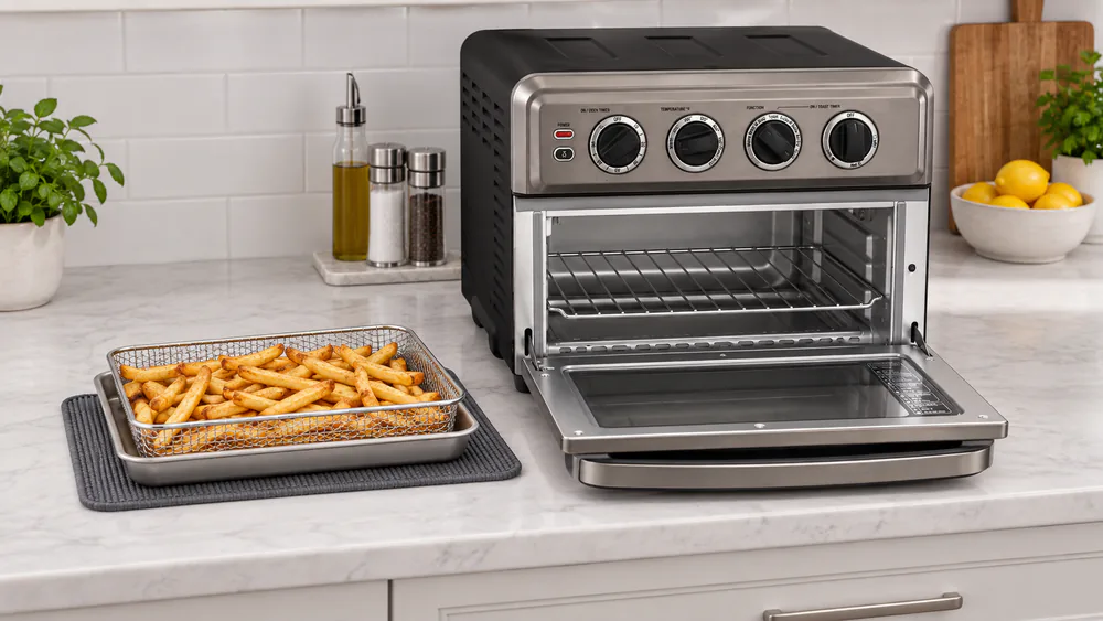 The Cuisinart TOA-70 air fry basket pulled out to show a batch of golden crispy French fries after cooking.