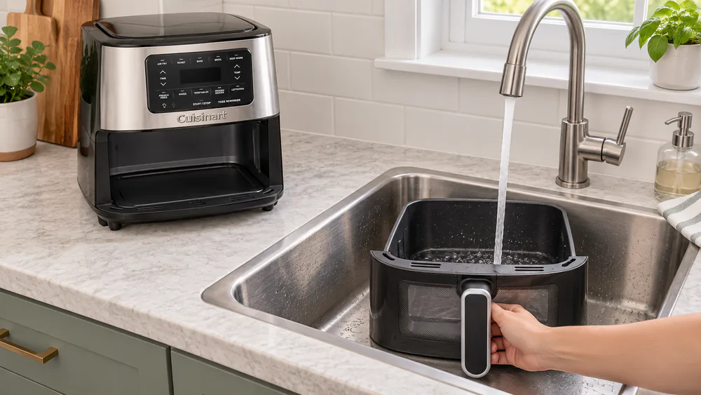 A Cuisinart air fryer crisper basket being rinsed at a kitchen sink, water beading on the nonstick coating.