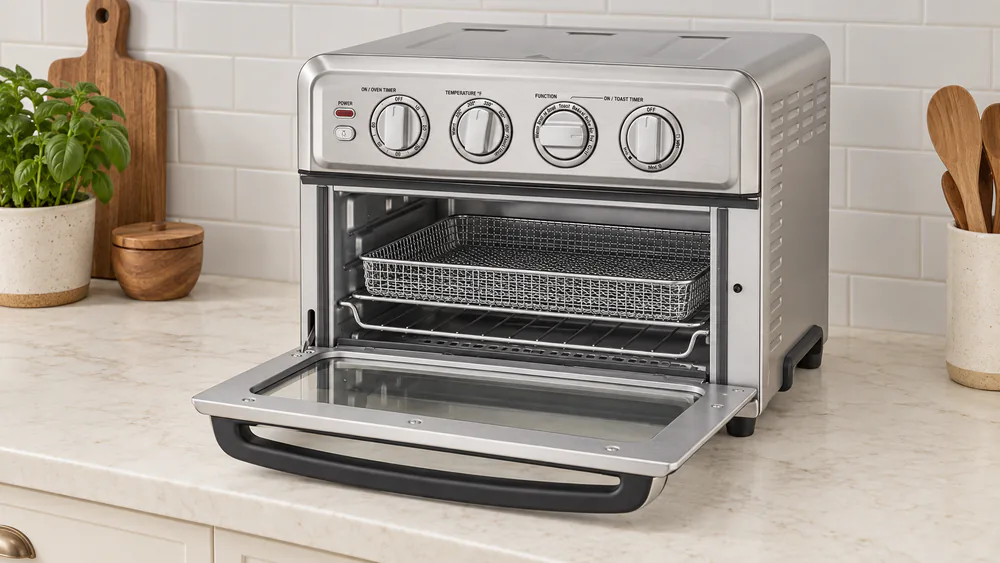 The stainless interior of a Cuisinart TOA-70 toaster oven with the air fry basket seated on the rack, viewed through the open door.