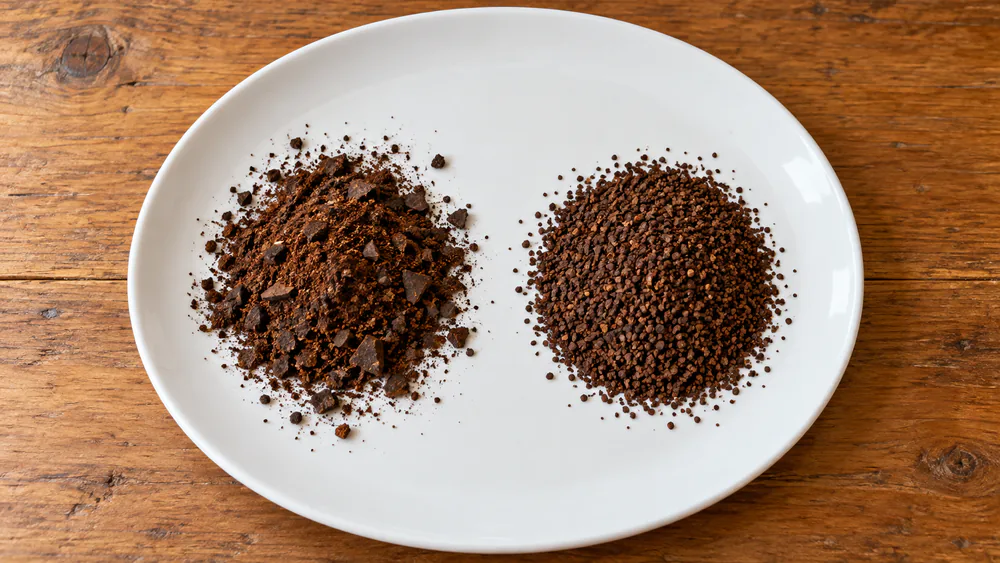 Two small piles of ground coffee side by side on a white plate, one uneven with dust and chunks from a blade grinder, one uniform from a burr grinder