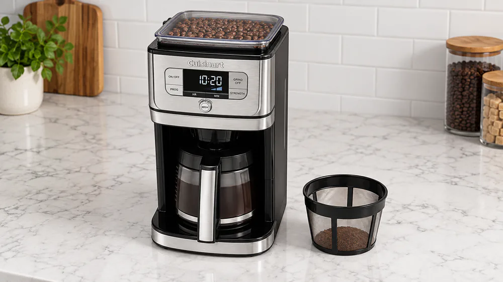 Whole beans in the sealed hopper of a Cuisinart grind-and-brew coffee maker beside the open brew basket with fresh grounds