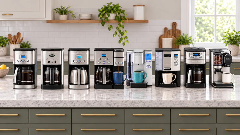 Eight Cuisinart coffee makers lined up on a kitchen counter, glass carafe, thermal carafe, single-serve and grind-and-brew models side by side