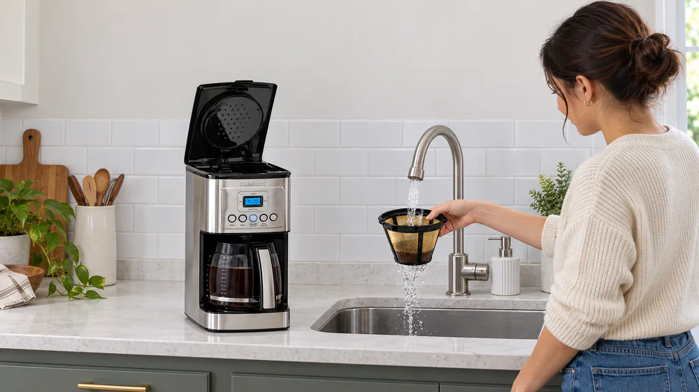 A Cuisinart DCC-3200 gold-tone permanent filter being rinsed under a kitchen tap before brewing, glass carafe waiting beneath the machine