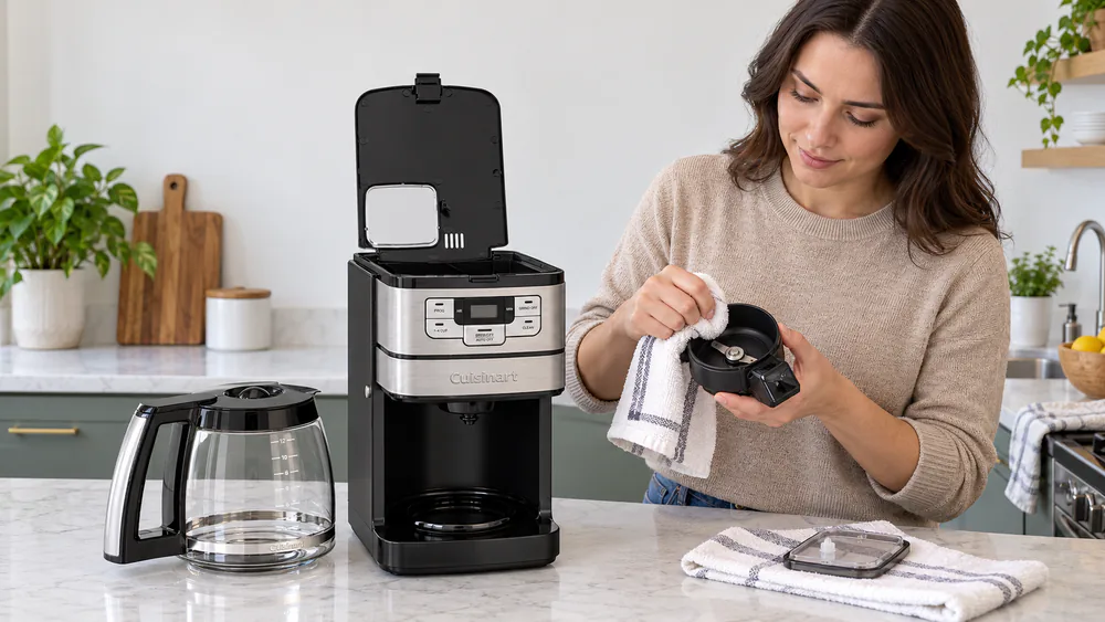 A Cuisinart DGB-400 with its lid open and the blade grinder chamber being wiped out with a cloth beside the glass carafe