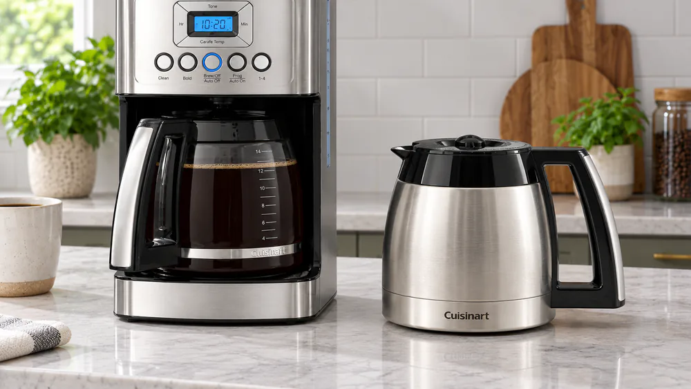A Cuisinart glass carafe on a warming plate next to a stainless thermal carafe, both filled with coffee on a kitchen counter