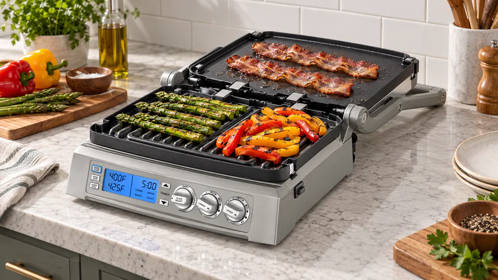 The Cuisinart Griddler Elite open flat with bacon on the griddle side and sliced vegetables on the grill side