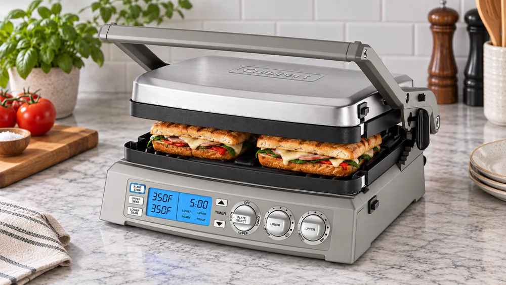 A Cuisinart Elite GR-300NAS pressing a panini with the LCD display showing temperature and timer