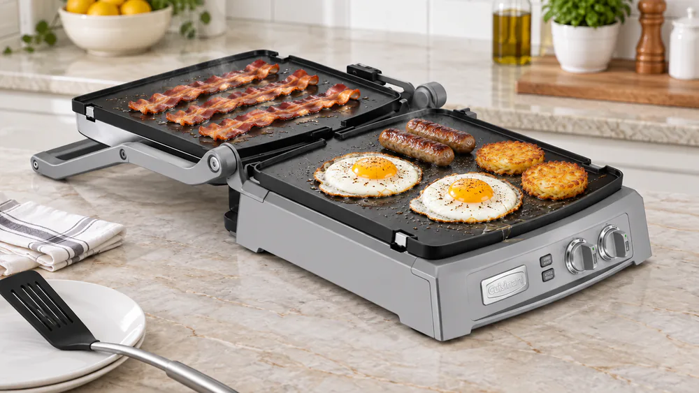 Sausage, bacon, hash browns and eggs cooking together on an opened-flat Cuisinart GR-150 Griddler