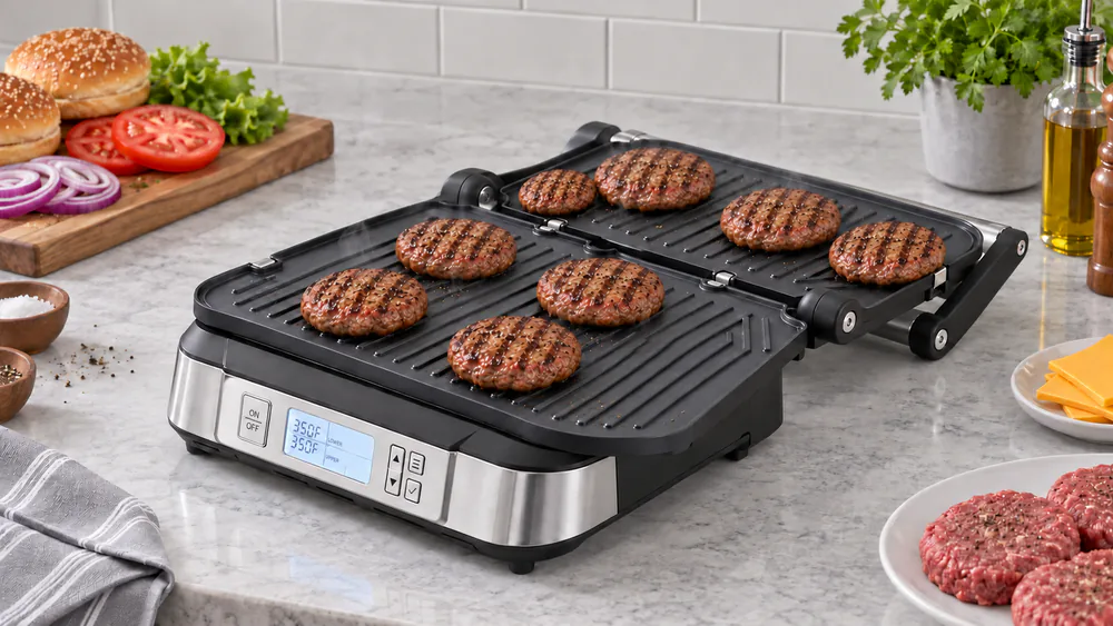 Eight burger patties cooking across a Cuisinart GR-6SNAS Griddler opened flat, with the display visible