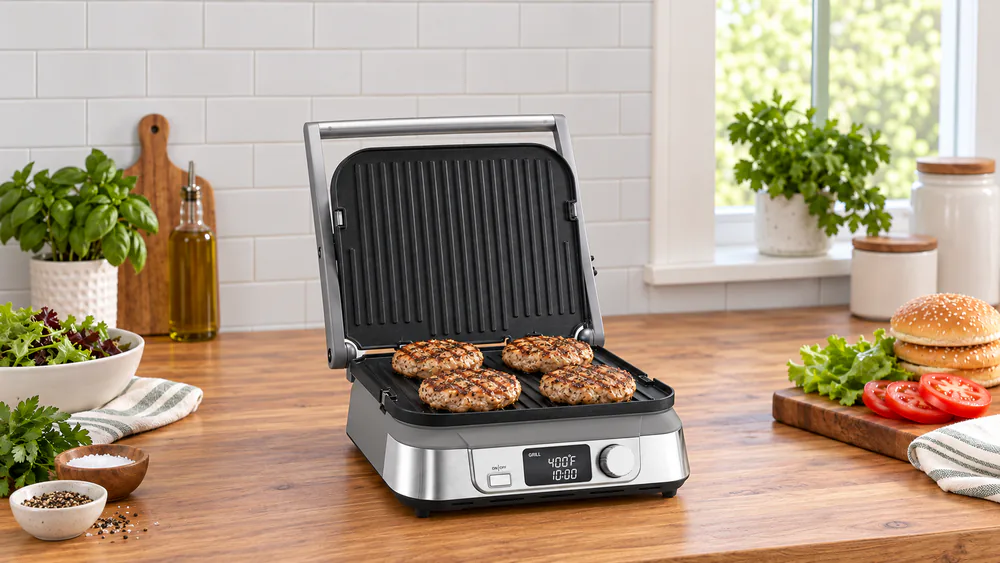 Turkey burgers cooking on a Cuisinart Griddler FIVE with the LCD temperature display lit