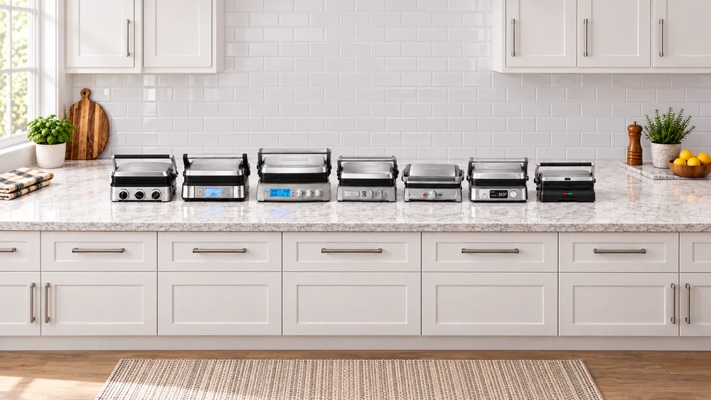 All seven Cuisinart Griddler models lined up on a counter, plates closed, for a size comparison
