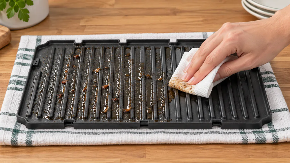 A wet paper towel lifting grease from the removable nonstick plate of a Cuisinart GR-4N Griddler before washing