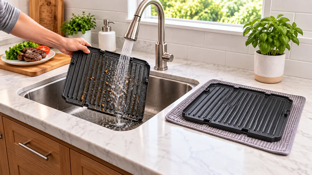 Removable Cuisinart Griddler plates being rinsed in a kitchen sink after cooking burgers