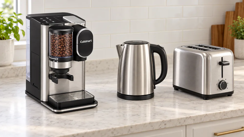 A stainless Cuisinart DGB-2SS grind and brew single serve coffee maker on a counter beside a stainless kettle and toaster