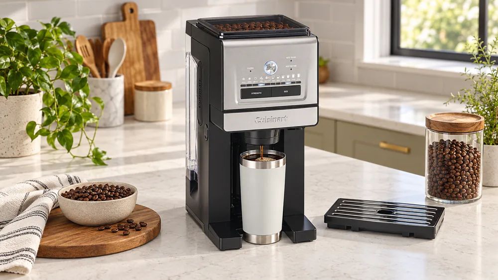 A Cuisinart DGB-30 brewing a cup into a tall insulated travel mug on a kitchen counter, with the bean hopper full of medium roast beans