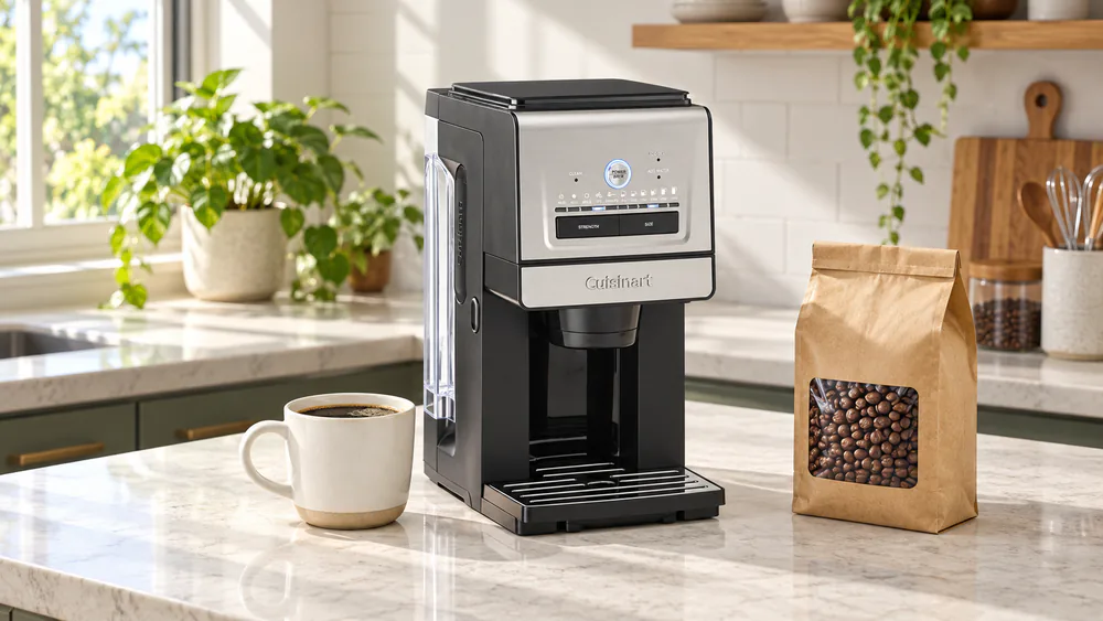 A Cuisinart grind and brew single serve coffee maker on a bright kitchen counter beside a filled coffee mug and a bag of whole beans
