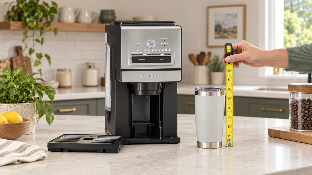 A tape measure held against a tall stainless travel mug beside a single-serve coffee maker brew head to check clearance