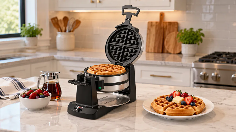 The Cuisinart Double Flip waffle maker opened to show one golden-brown Belgian waffle with deep pockets, with a second finished waffle on a plate beside it