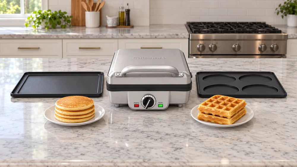 The Cuisinart WAF-300 with swap-in pancake plates beside a stack of pancakes and a stack of square Belgian waffles