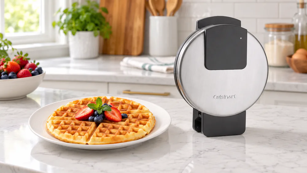 A thin golden Cuisinart Round Classic waffle cut in quarters on a plate beside the upright waffle maker