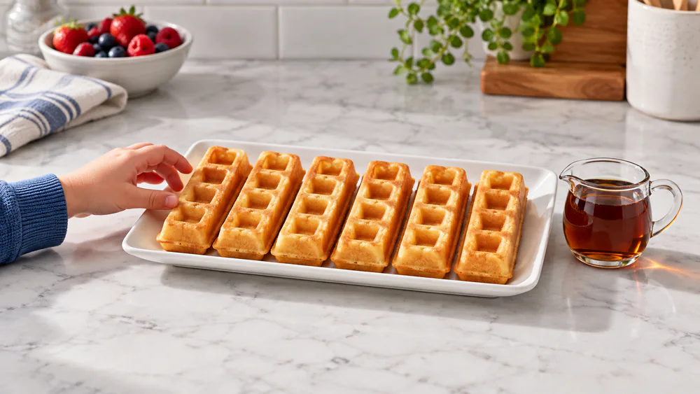 Six Cuisinart waffle sticks on a plate with a small cup of syrup for dipping, a child reaching for one