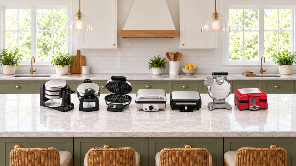 Seven Cuisinart waffle makers lined up on a kitchen counter, flip, square, round, vertical, and stick models side by side
