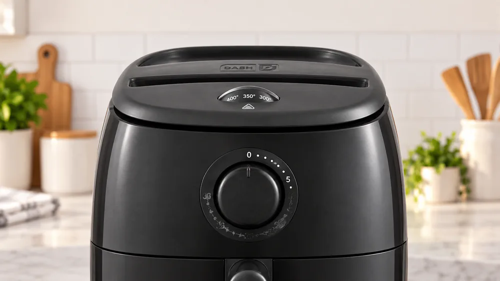 Close-up of the Dash Tasti-Crisp 2.6-Qt Analog timer dial with the printed numbers faded past the seven-minute mark