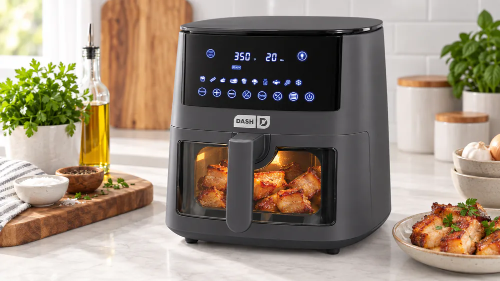 Dash Clear View 7-Qt on a counter with its interior light on, showing browned pork belly through the clear viewing window