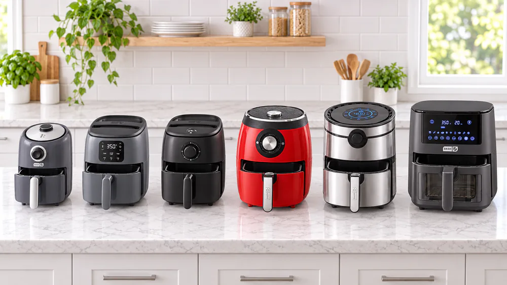 Six Dash air fryers in different sizes and colors lined up on a kitchen counter, from the 2-qt Compact to the 7-qt Clear View, baskets slightly open