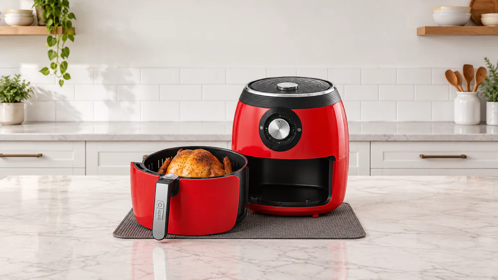 Dash Deluxe 6-Qt drawer pulled out with a whole roasted chicken inside the basket on a kitchen counter