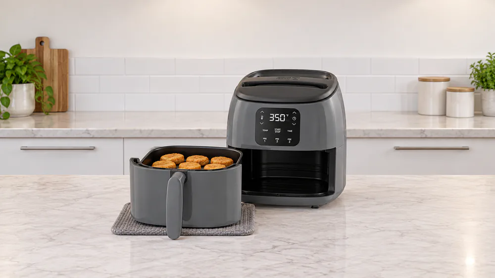Dash Tasti-Crisp Digital 2.6-Qt with the drawer pulled out, showing a single layer of golden frozen chicken nuggets in the nonstick tray