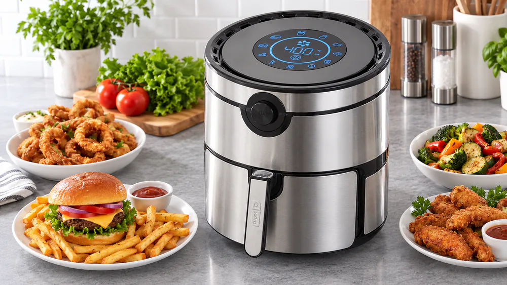Dash AirCrisp Pro 6-Qt silver air fryer on a counter with its digital preset display lit