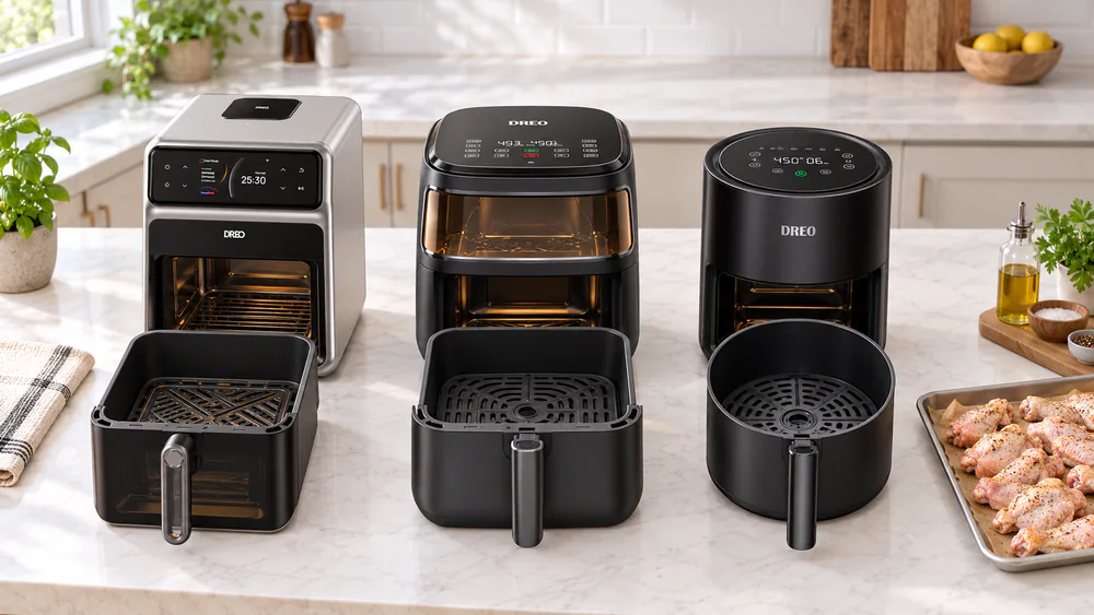 The Dreo ChefMaker, Pro Max and AirCrisp Pro lined up on a kitchen counter with their baskets pulled out, ready for a side-by-side batch of wings