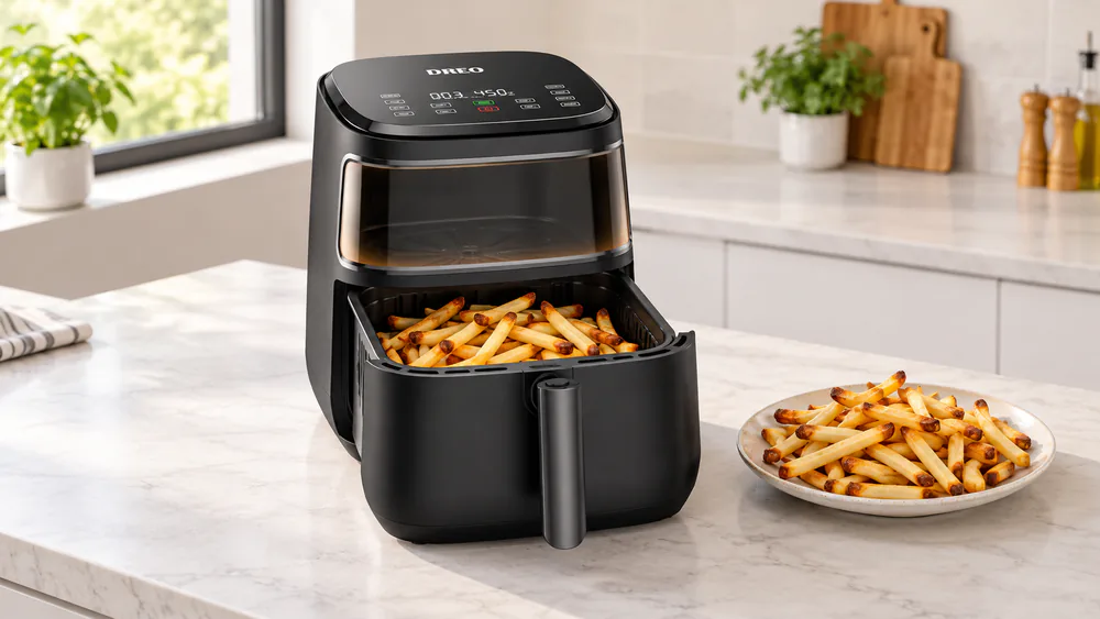 The Dreo Pro Max drawer pulled open beside a plate of fries browned at the ends, with the viewing window visible on the front