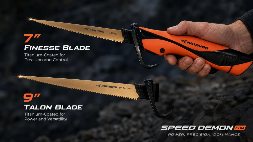 The KastKing Speed Demon Pro held up to show its 7-inch Finesse and 9-inch Talon blades, titanium coating glinting on the steel.