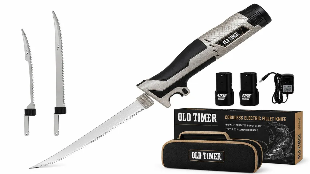 The Old Timer cordless electric fillet knife showing its upswept, serrated 8-inch blade and textured aluminum handle.