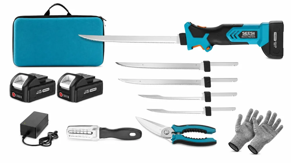 The Seesii cordless electric fillet knife laid out with its four blades, two batteries, fish scaler, fin shears, and cut-resistant gloves beside the carry bag.
