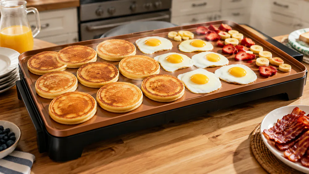 A Bella XL ceramic titanium griddle loaded with a full package of bacon, its 22-inch surface running the width of a kitchen counter.