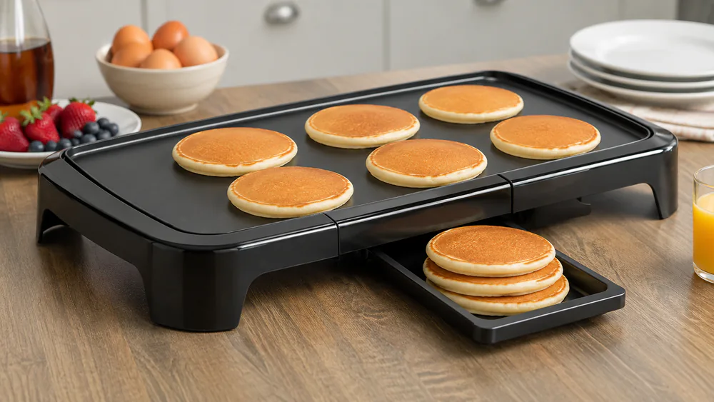 A Black+Decker family-sized electric griddle with finished pancakes resting on its slide-out warming tray beside the cooking surface.