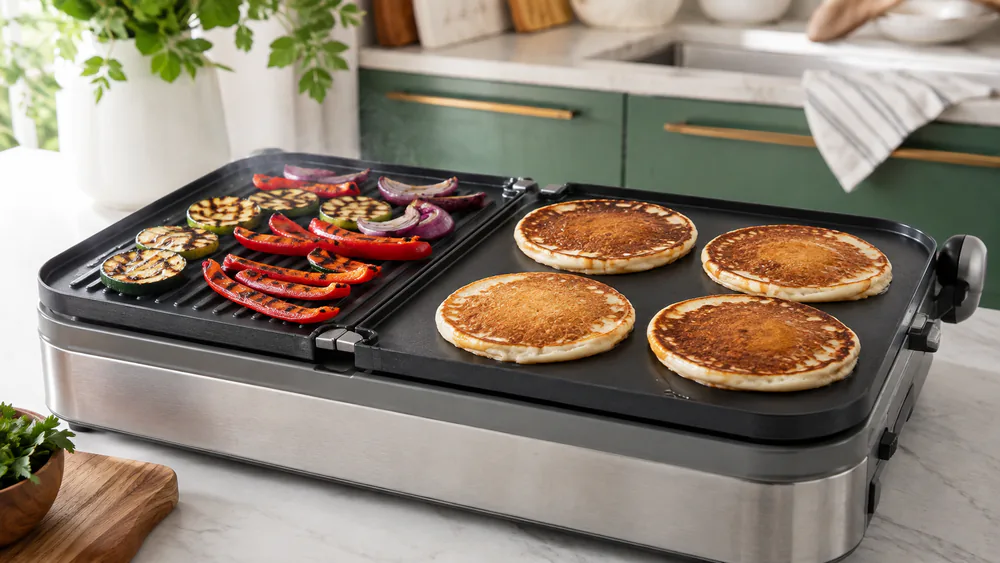 A Cuisinart Griddler Five opened flat in half-grill half-griddle configuration, showing smooth and ribbed plate sides side by side.