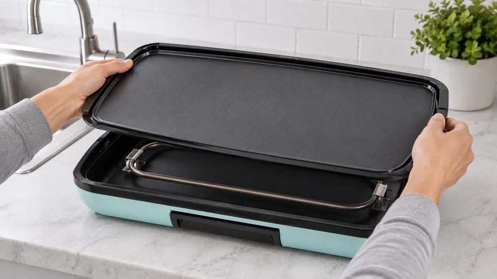 A Dash Deluxe Everyday Electric Griddle with its ceramic plate lifted off the base and held over a sink for rinsing.