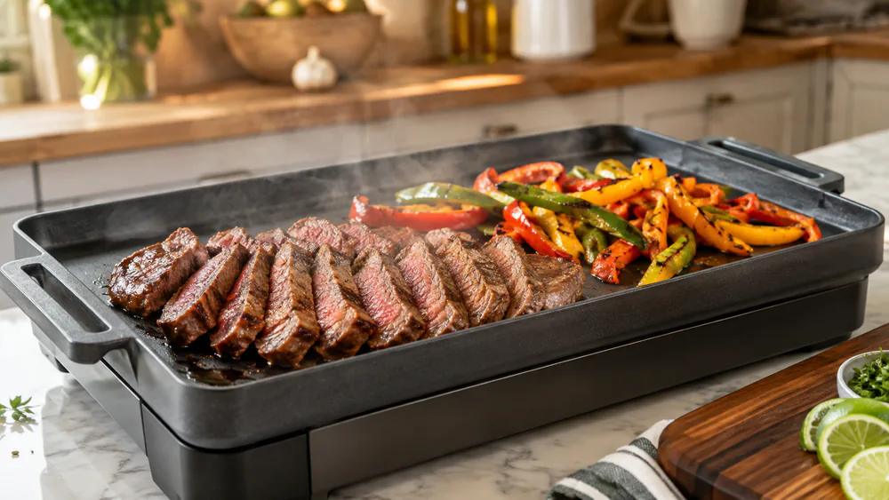 A Hamilton Beach cast iron electric griddle with burger patties searing and a metal spatula flipping one patty on the dark seasoned surface.