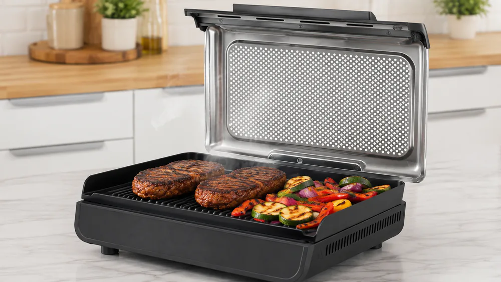 A Ninja Sizzle with its grill plate fitted and a steak showing dark sear marks, mesh lid propped open above it.