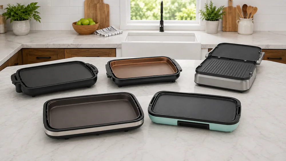 Six electric griddles lined up on a test kitchen counter for side-by-side comparison, from a Wolf Gourmet Precision down to a compact Dash Mini Maker.