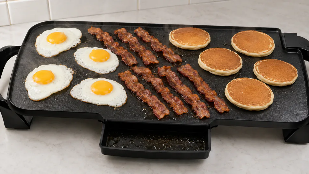 A Presto 22-inch electric griddle loaded with pancakes, bacon strips, and eggs at once, its slide-out drip tray pulled open at the front.