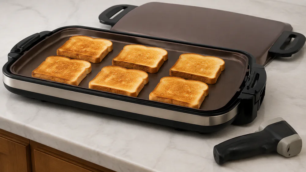 Six slices of toast on a Zojirushi Gourmet Sizzler electric griddle, all the same shade of gold, with a laser thermometer reading at the surface edge.